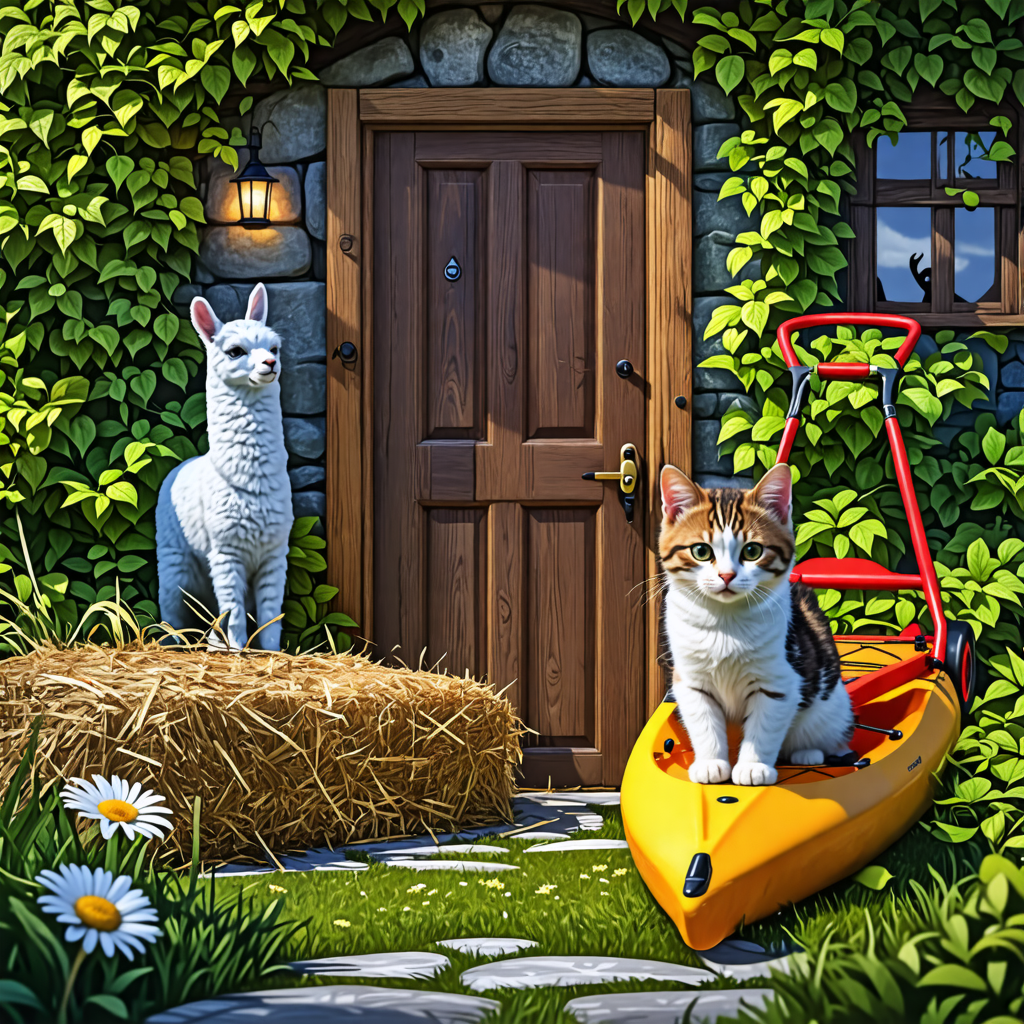 door, kayak, cat, hay, ghost, kitten, daisy, llama, cushion, lawn mower